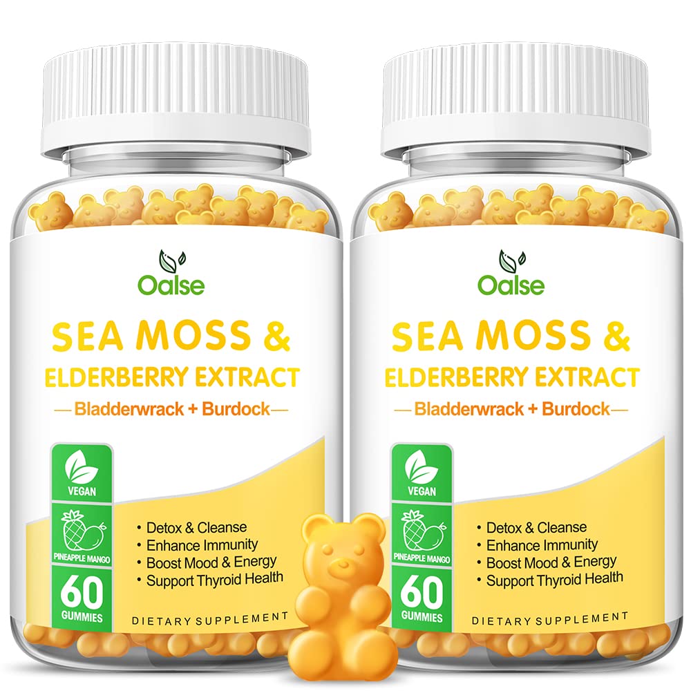 Mar Moss Gummies for Adults and Kids, 2000mg Raw Seamoss, Bladderwrack, Burdock Root, Elderberry, Pepper, Vitamin C &amp; D3, Zinc apoya el sistema inmunológico " Boost Energy (2-Pack)
