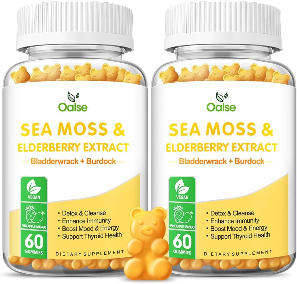 Sea Moss Gummies for Adults and Kids, 2000mg Raw Seamoss, Bladderwrack, Burdock Root, Elderberry, Pepper, Vitamin C & D3, Zinc Supports Immune System & Boost Energy (2-Pack)