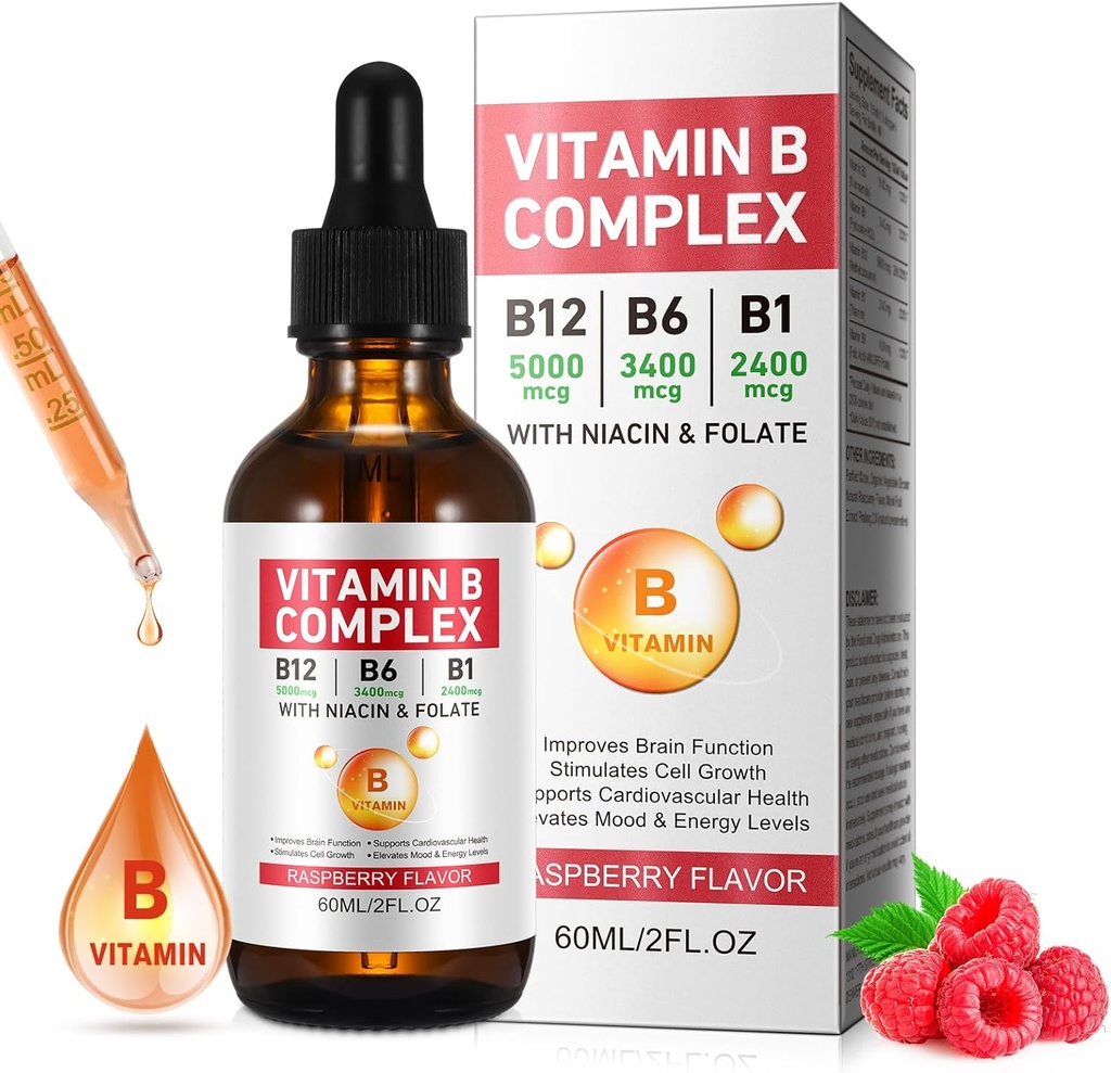 Vitamina B Complejo Líquido, Vitamina Vegan B12 gotas Silencio B12 Methylcobalamin Silencio B1 Thiamine ANTE B6 Pyridoxine ANTE Folic ANTE Niacin - B Complejo gotas líquidas, Apoyo Energía, Cerebro &amp; Corazón, 40 Servimientos