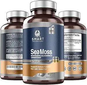 Smart Nutra Labs Organic Sea Moss 3200MG Por Serving- 180 Vegan Capsules- Irish Sea Moss, Bladderwrack y Burdock Root- Premium Quality Supplement for Immune Support and Global Health