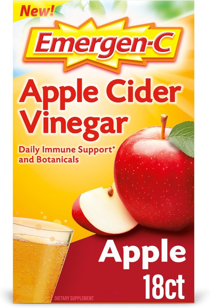 Emergen-C Manzana Vinagre Vitamina C Fizzy Bebida Mix, Suplemento dietético para Soporte Inmunitario, Apple - 18 Conde