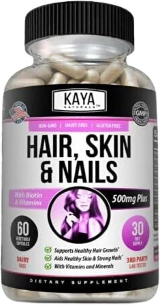 Kaya Natural Piel Piel Piel Capsules BIOTIN Vitamina D Vitamina B-12 A Folic Acid Support, Hair Support Vitamin Supplement