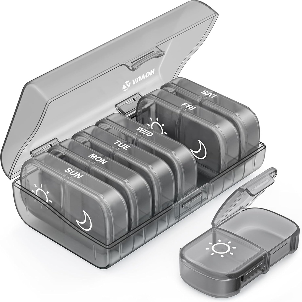 AUVON XL Organizador semanal de píldoras 2 veces al día, caja de píldoras 7 día con aperturas únicas grandes para fácil de usar, Gray AM PM caja de píldoras para medicamentos, vitaminas, aceites de pescado, suplementos