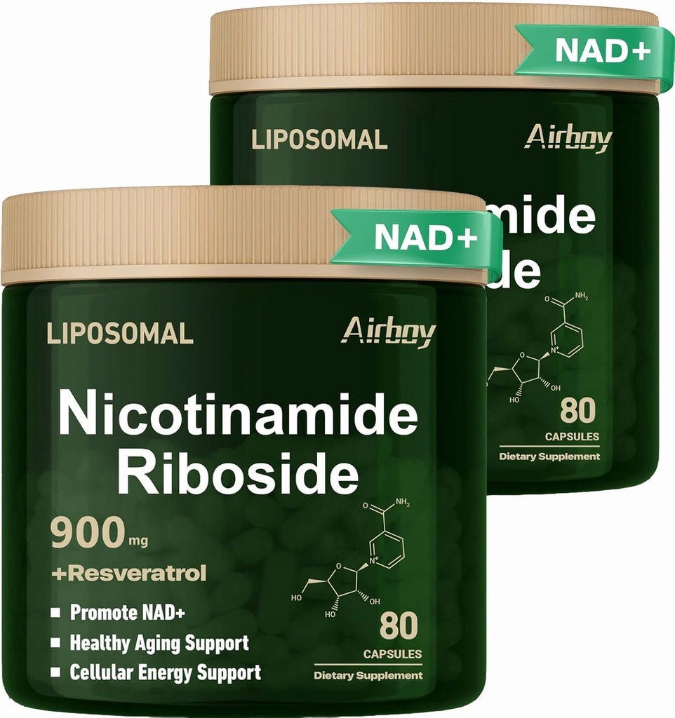 Airboy Liposomal Nicotinamide Riboside 900 mg, NAD Suplemento con Resveratrol, NMN alternativa de Booster Apoyo Anti-Aging, Energía, Focus - 80 Capsulesx 2 Pack