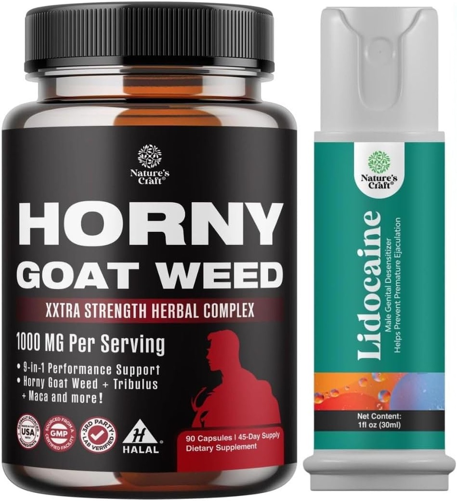 Bundle of Horny Goat Weed for Men with Black Maca Root, Tongkat Ali, Saw Palmetto &amp; Panax Ginseng Extract and Lidocaine Desensibilizing Topical Spray Climax Control - Boost Endurance and Stamina