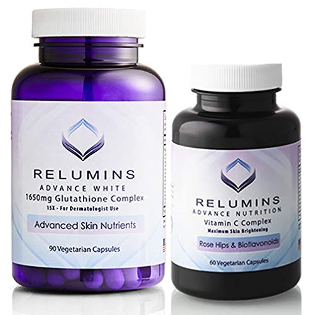 Relumins Advanced White Set - 1650mg Glutathione Complex (90 Capsules) y Advanced Vitamin C con Rose HIPS y Bioflavonoids (60 cápsulas) Bundle