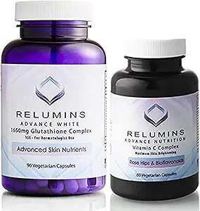 Relumins Advanced White Set - 1650mg Glutathione Complex (90 Capsules) y Advanced Vitamin C con Rose HIPS y Bioflavonoids (60 cápsulas) Bundle