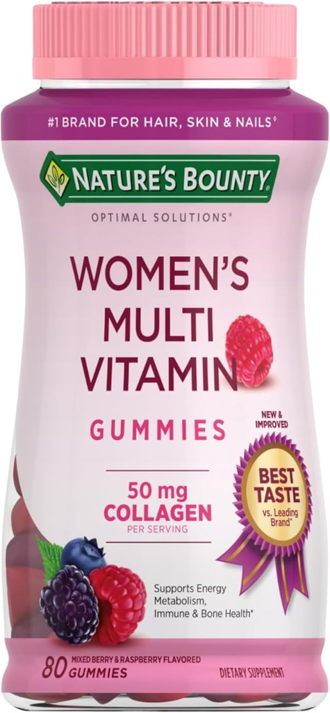 Bounty Optimal Solutions Women's Multivitamin, Immune y Cellular Energy Support, Bone Health, Raspberry Flavor, 80 Gummies, 40 Total Servings