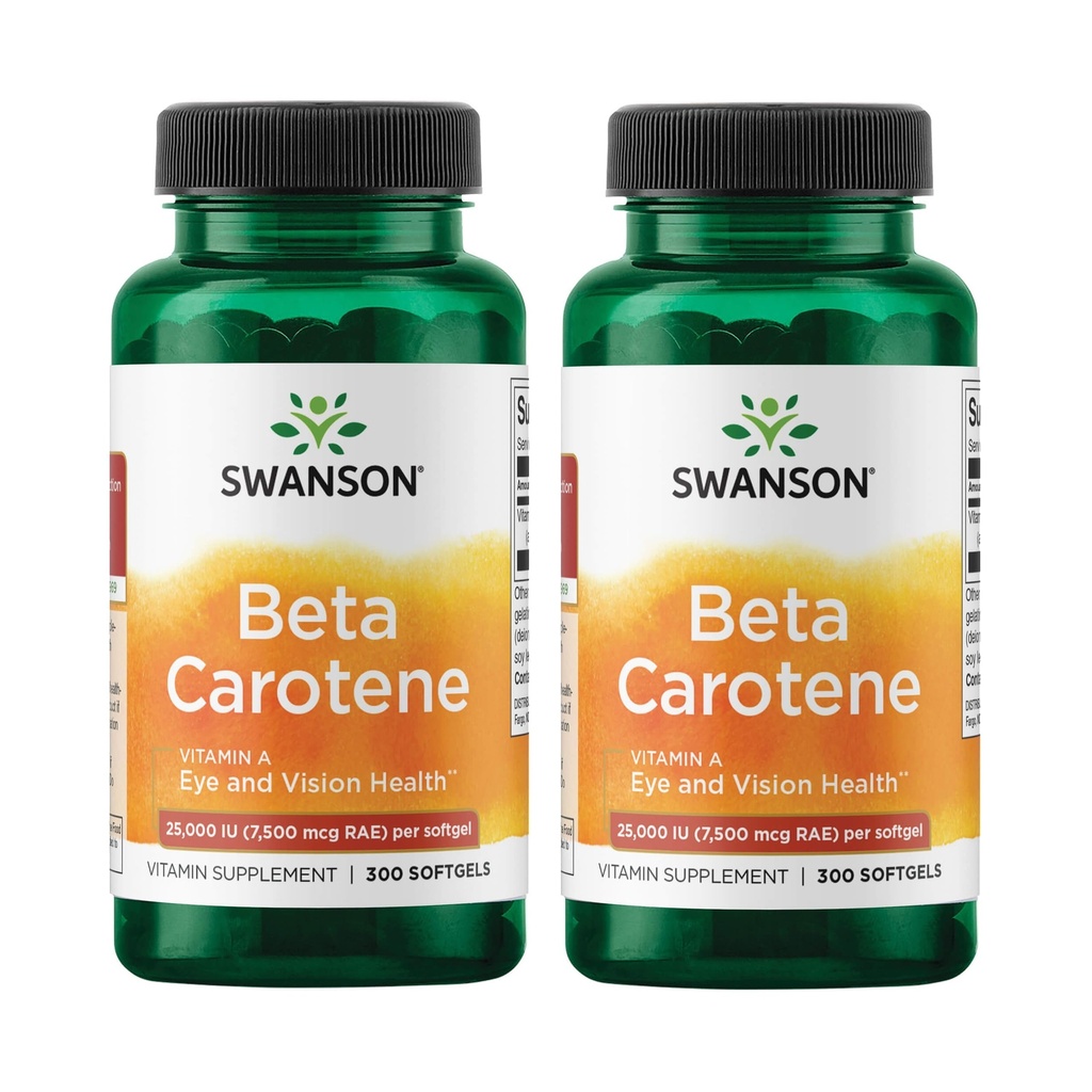 Swanson Beta-Caroteno Vitamina A 25000 IU Skin Eye Immune System Health Antioxidant Support 7500 mcg 300 Softgels Count (2 Pack)