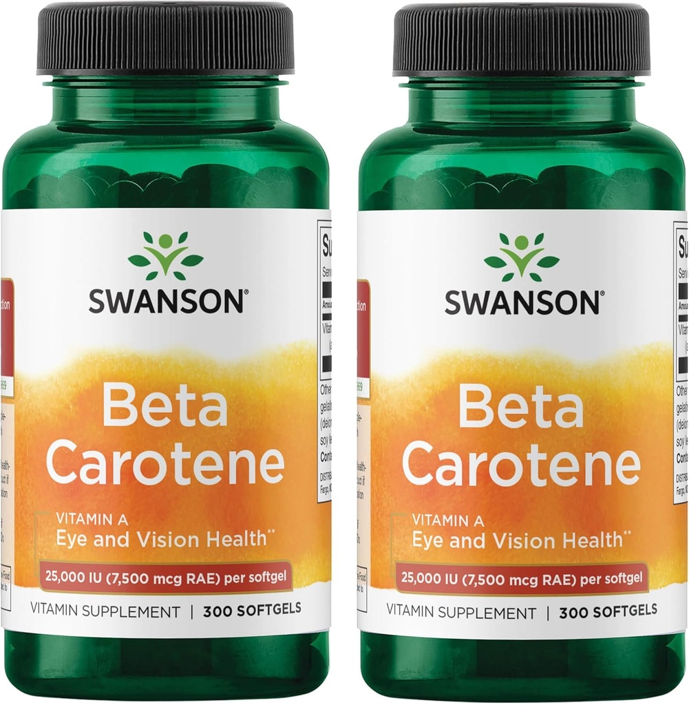 Swanson Beta-Caroteno Vitamina A 25000 IU Skin Eye Immune System Health Antioxidant Support 7500 mcg 300 Softgels Count (2 Pack)