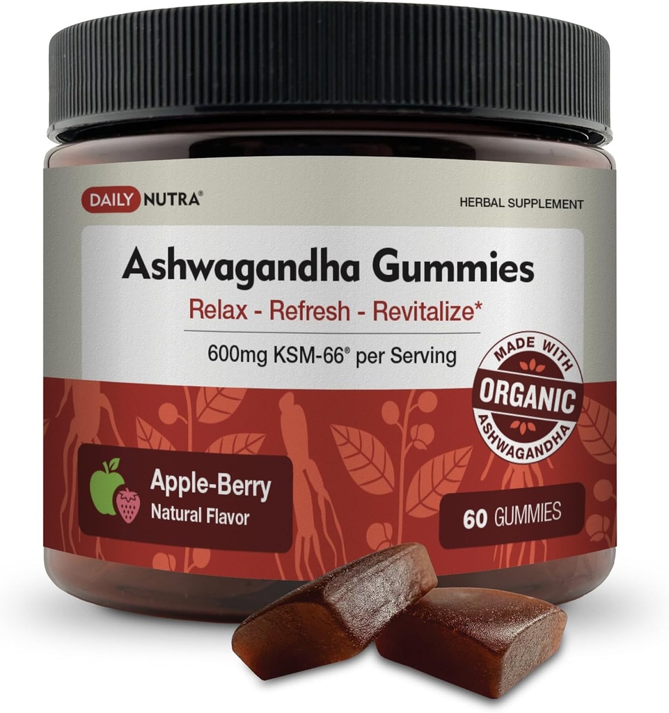 KSM-66 Ashwagandha Gummies - 600mg Orgánica Root Extract per Serving - Delicious Natural Apple-Berry Flavor ← Apoya Relajación, Focus, " Energía (60 Gummies)