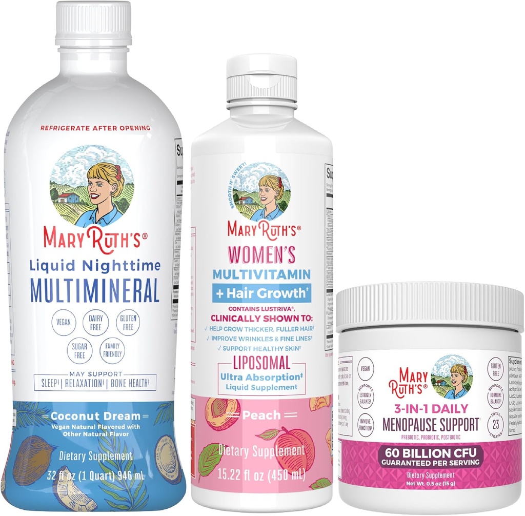 MaryRuth Organics Women's MultivitaminLustriva Hair Growth, Menopause Support, & Daily Liquid Multimineral, 3-Pack Bundle for Hair Support, Skin Health, Immune Support, Gut Health, and Sleep Support