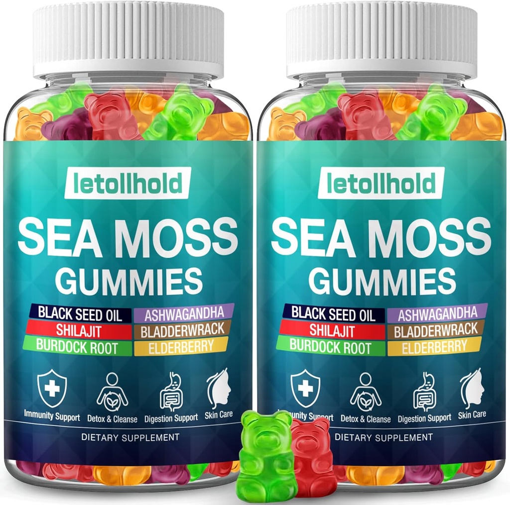 Sea Moss Gummies - Irish Sea Moss Gummies Avanzado para adultos con Ashwagandha Bladderwrack " Burdock Root for Supports Immune,Energy - 60 Vegan Gummy,2PCS