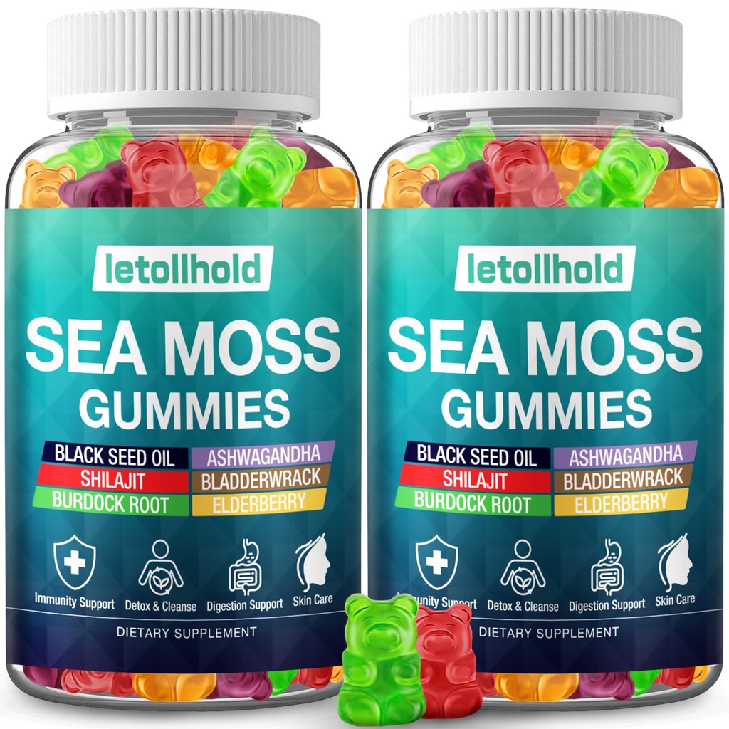 Sea Moss Gummies - Irish Sea Moss Gummies Avanzado para adultos con Ashwagandha Bladderwrack " Burdock Root for Supports Immune,Energy - 60 Vegan Gummy,2PCS