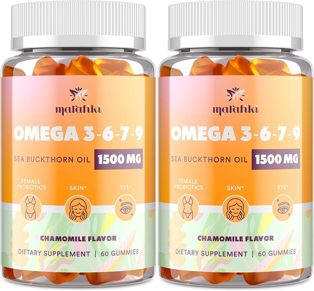 Omega-7 Sea Buckthorn Oil Gummies, Omega 3 6 7 9 Suplemento para Mujeres, Aceite Flaxseed, Vitaminas E, A " Probióticos - Esquí, Ojo " Sequedad, Sabor de manzanilla - 120 Gummies