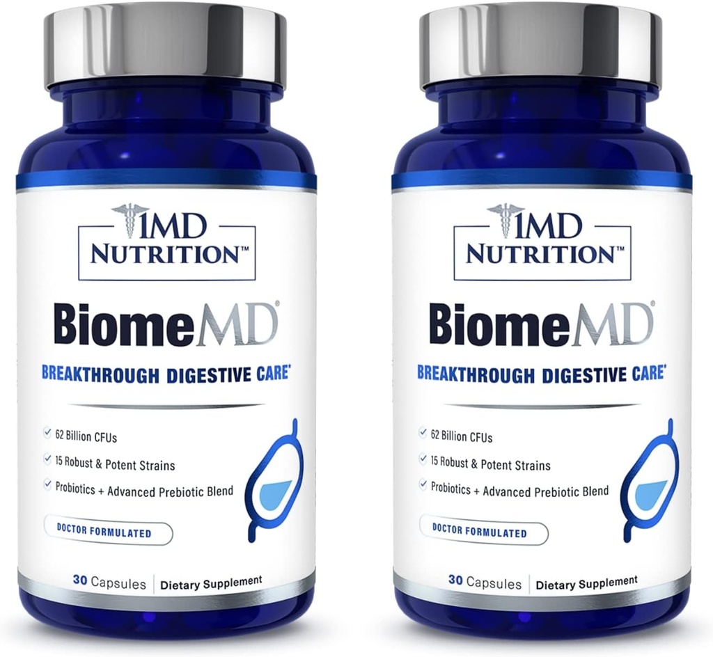 1MD Nutrición BiomeMD Probióticos TEN 62 Billion CFUs, 15 Estrados Integrales - Pro " Prebióticos TEN Doctor-Formulado para la Salud Digestiva " Apoyo Inmunitario 60 cápsulas