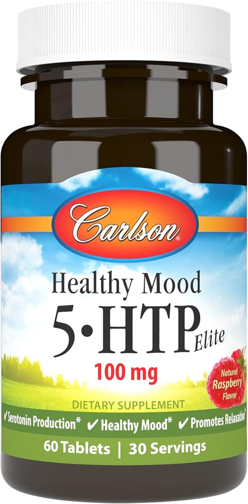 Carlson Healthy Mood 5-HTP Elite 100 mg con vitamina B6 - Mood Support &amp; Suplemento de relajación - Raspberry Chewable - 60 Tablets