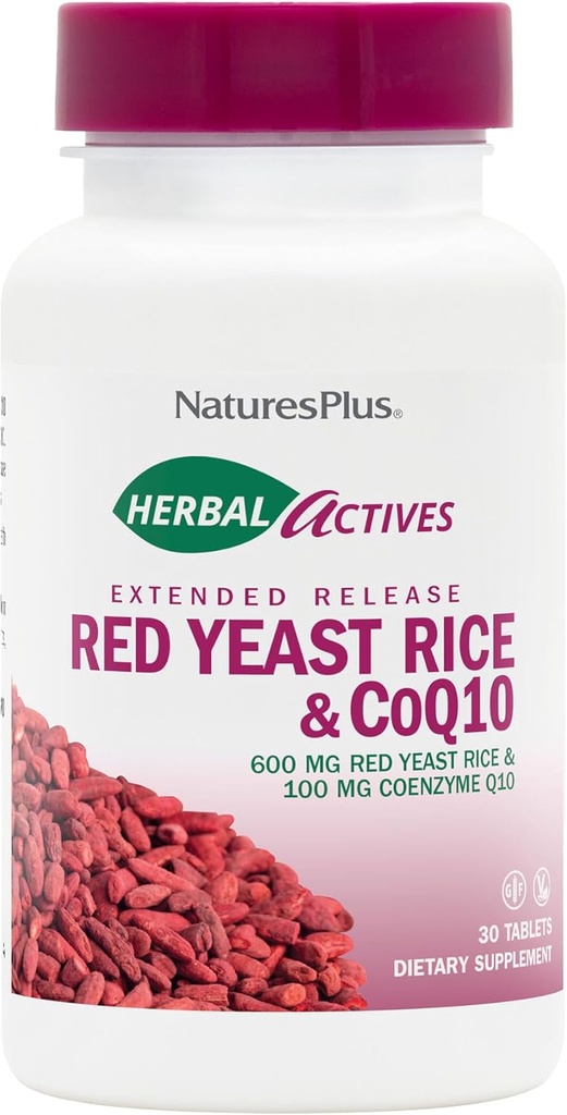 NaturesPlus Herbal Actives Red Yeast Rice 600mg & CoQ10 100mg, Extended Release - 30 Vegan Tablets - Maximum Potency Supplement, Antioxidant - Vegetarian, Gluten-Free - 30 Servings