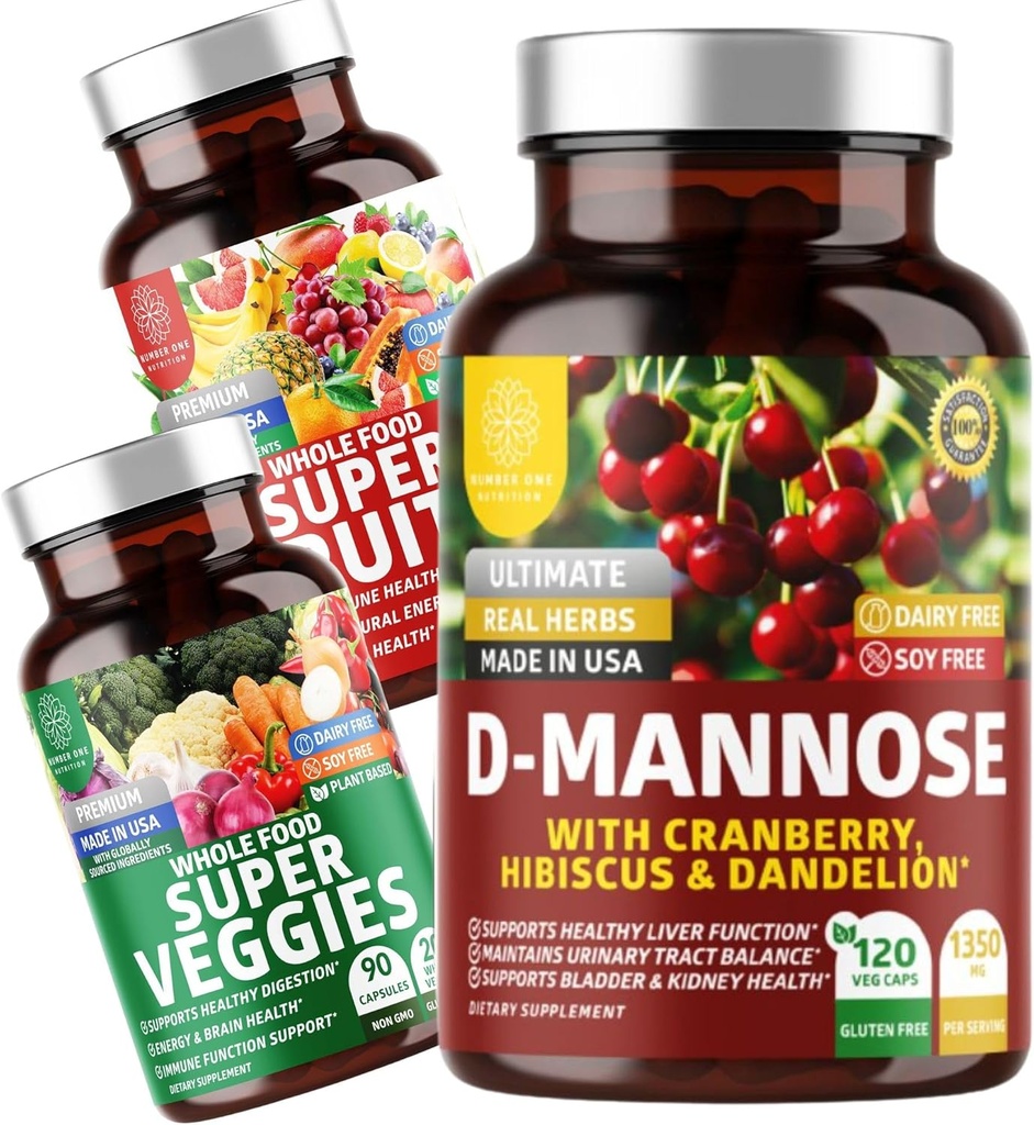 Number One Nutrition N1N Premium D-Mannose with Cranberry & Hibiscus [1350mg], 120 Capsules, and Super Fruits & Veggies Whole Food Supplement, 180 Capsules, 2 Pack Bundle