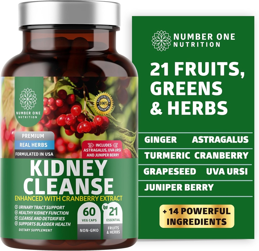 N1N Premium Kidney Cleanse [21 Potent Herbs] for Urinary Tract & Bladder Control, Natural Kidney Support with Cranberry Extract, Astragalus and Uva Ursi Leaf, 60 Veg Caps