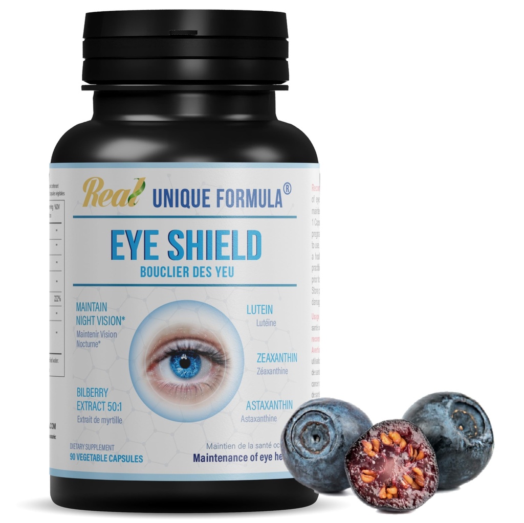 Escudo de ojos Suplemento con Bilberry, Lutein, Zeaxanthin, Astaxanthin y Beta-Caroteno - Apoya los ojos secos, la salud de visión y la visión nocturna (90 cápsulas)