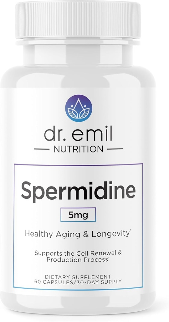 DR. EMIL NUTRITION Hombres &amp; Mujeres Spermidine 5mg Suplementos Silencio Aging Suplemento Silencio Pure Spermidine 3HCL & Thiamin 20mg ← 60 Capsules ← 30 Day Supply