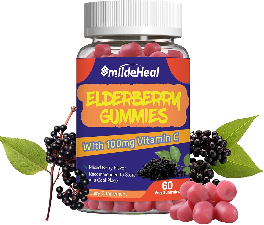 Gummies de Elderberry, Extracto de Elderberry 300mg, con Vitamina C y Zinc, Strawberry Flavor Gummies, Non-GMOs, Gluten Free, Vegan-Friendly, Immune Support, 60 Condes
