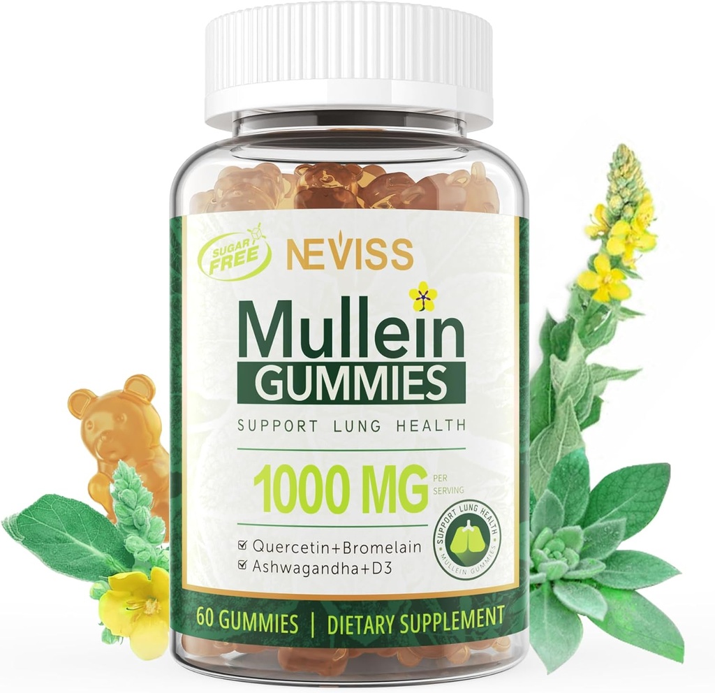 NEVISS Mullein Gummies for Lungs, Organic Mullein Leaf Extract 1000mg for Respiratory System with Quercetin & Bromelain, D3 for Digestive Support, Immune Booster, Sugar Free, Vegan, 60 Count