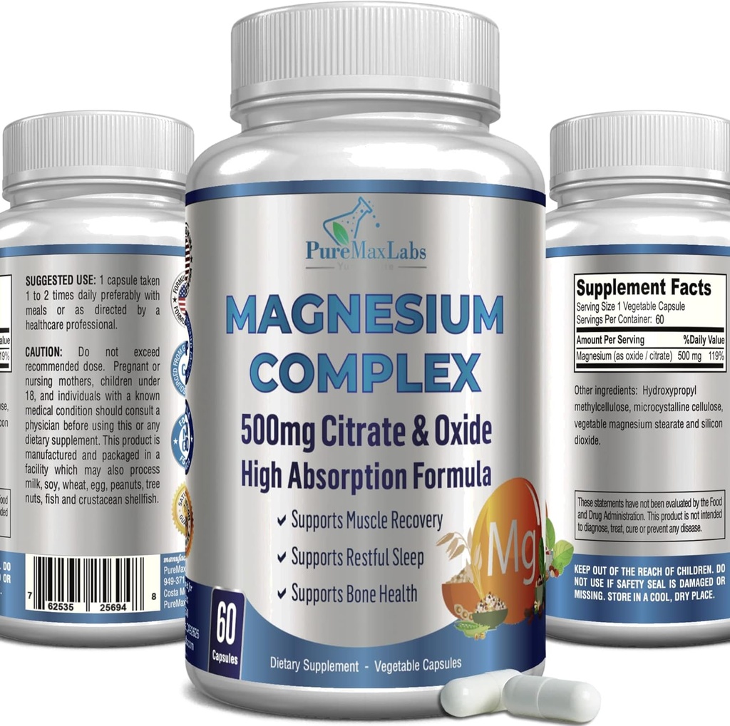 High Absorption Magnesium Citrate Complex 500mg Magnesium Citrate & Oxide – Supports Calm Sleep, Muscle Cramp Relief, Muscle Recovery, Healthy Teeth & Bones, Non-GMO – 60 Vegetable Capsules