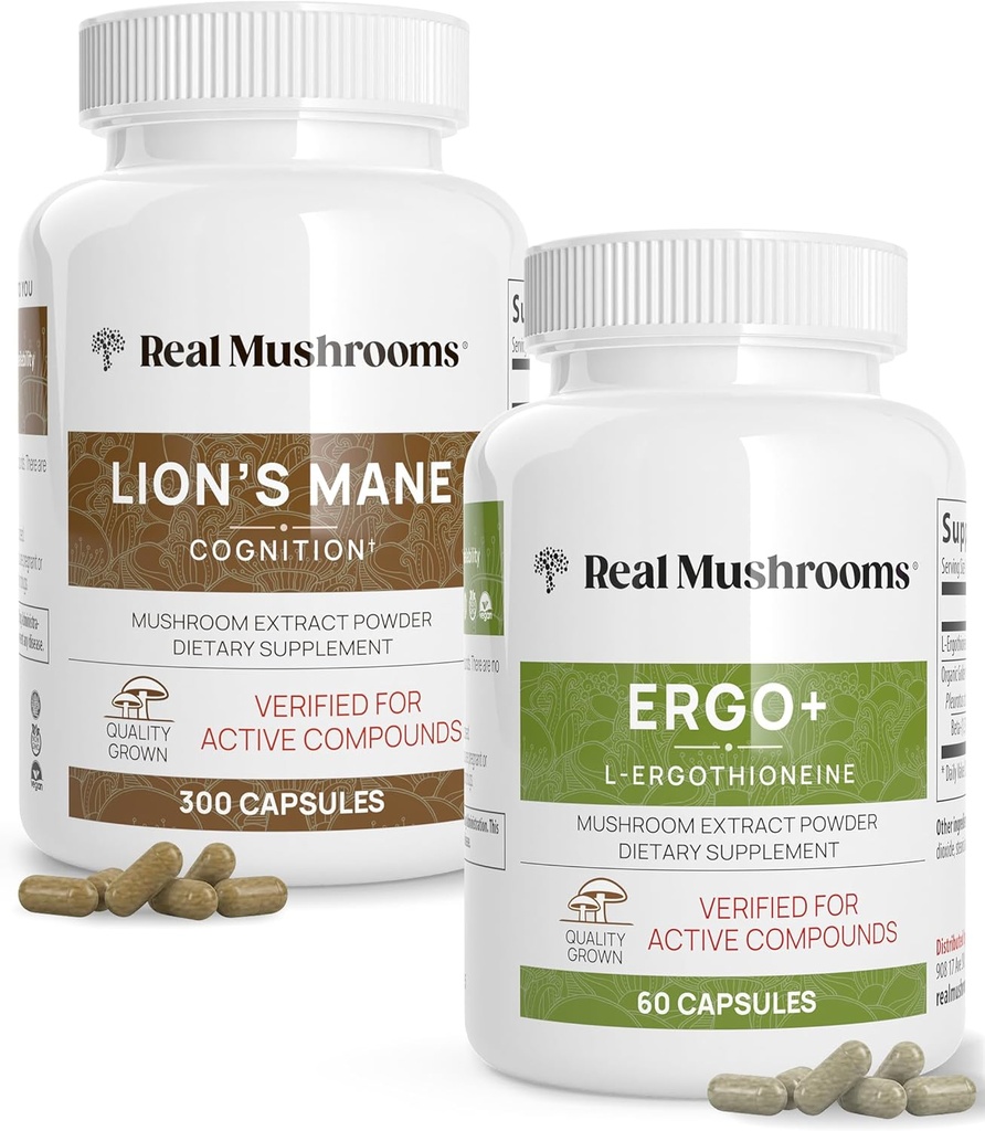 Real Mushrooms Ergothioneine (60ct) y Lions Mane (300ct) Bundle con Shiitake y Oyster Mushroom Extractos - Longevidad y Cognición - Vegan, Gluten Free, Non-GMO - Apoyo natural para el envejecimiento saludable