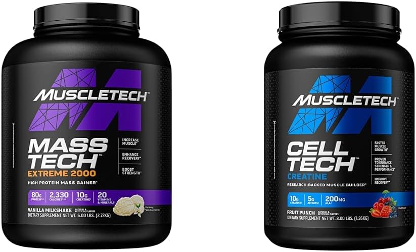 MuscleTech Mass Gainer Mass-Tech Extreme 2000, Muscle Builder Whey Protein Powder &amp; Creatine Monohydrate Powder Cell-Tech Creatine Post Workout Recuperación Bebida Muscle Builder