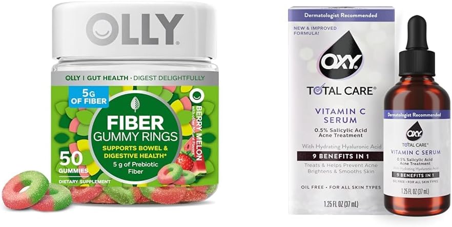 OLLY Fiber Gummy Anillos 50ct + Oxy Total Care Hidrating Vitamin C Serum para soporte digestivo, piel más clara