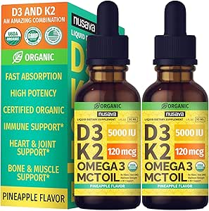 (2 Pack) Organic Vitamin D3 K2 Drops with MCT Oil Omega 3, Maximum Strength Vitamin D Liquid 5000 IU, No Fillers, Non-GMO Liquid D3 for Faster Absorption and Immune Support (Pineapple, 2 Fl Oz)