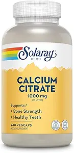 Solaray Calcium Citrate 1000mg - Suplemento de calcio Chelated - Soportes Bone Strength and Healthy Teeth - Fácil de digerir - Garantía de 60 días, Vegan - 60 Servings, 240 VegCaps