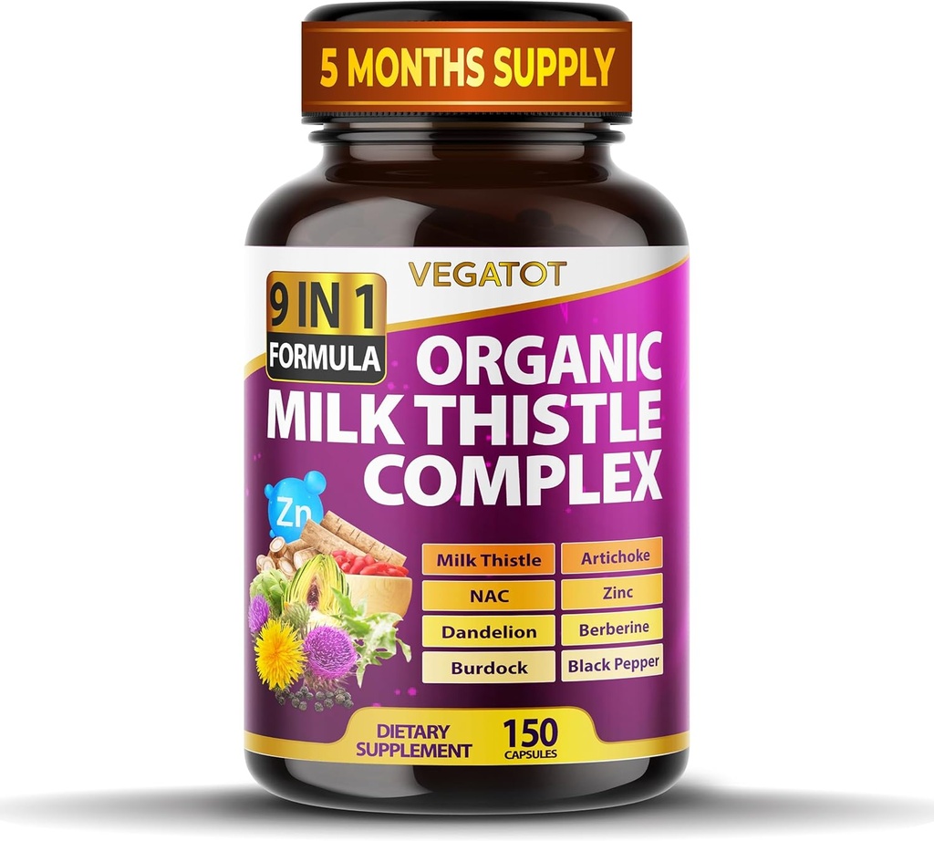 VEGATOT Organic Milk Thistle Complex 9 in 1 Formula - with Milk Thistle Artichoke NAC Zinc Dandelion Berberine Burdock Black Pepper (150 Conde (Pack of 1))