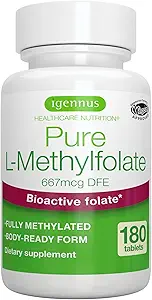 Igennus Pure Methyl Folate 400 mcg, 180 Tablets, Clean Label, Methylated Form of Folic Acid 5-MTHF (Vitamin B9), Vegan, Suitable for Pregnancy, One-a-Day, 6 Month Supply