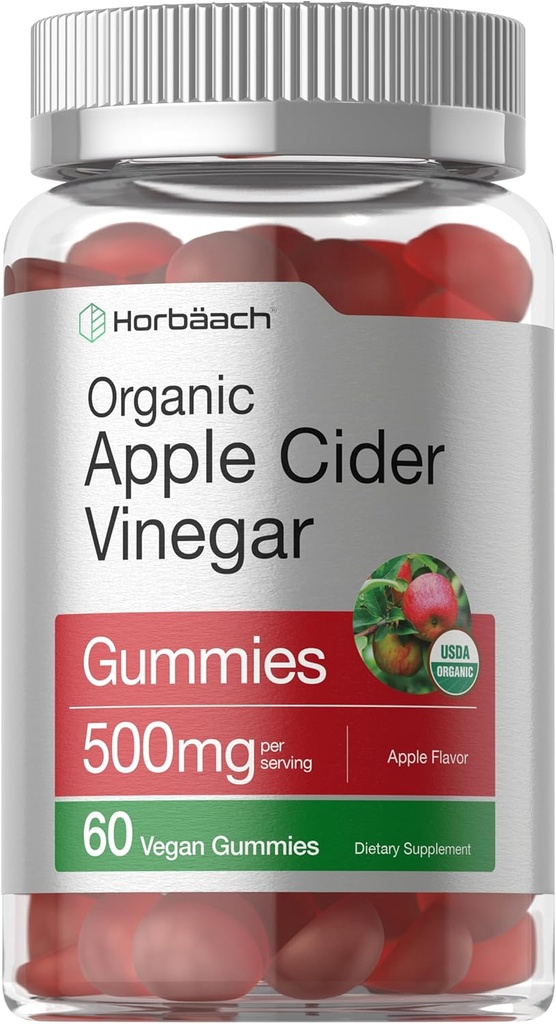 Horbäach Organic Apple Cider Vinegar Gummies | 60 Gummies | Vegan, Non-GMO & Gluten-Free Supplement | USDA Organic ACV | Apple Flavor