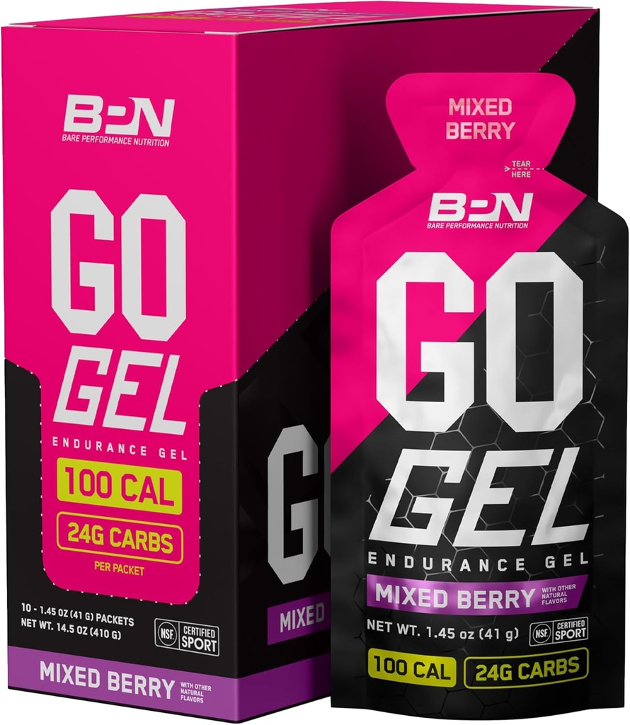BARE PERFORMANCE NUTRITION, BPN Go Gel Endurance, 24g of Carbohydrates &amp; 100 Calories per Pack, Vegan + Gluten Free Running Gel, 10 Single-Serving Packs, Mixed Berry