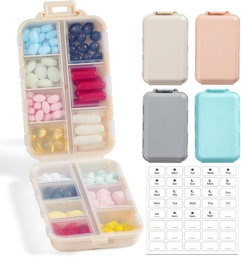 4 Pack, 14 GRIDS Travel Pill Organizer Box with Labels - Travel Medicine Case Kit - Pocket Daily Pharmacy Container - Travel Medication Holder Dispenser for Fish Oil Vitamin Supplement Storage