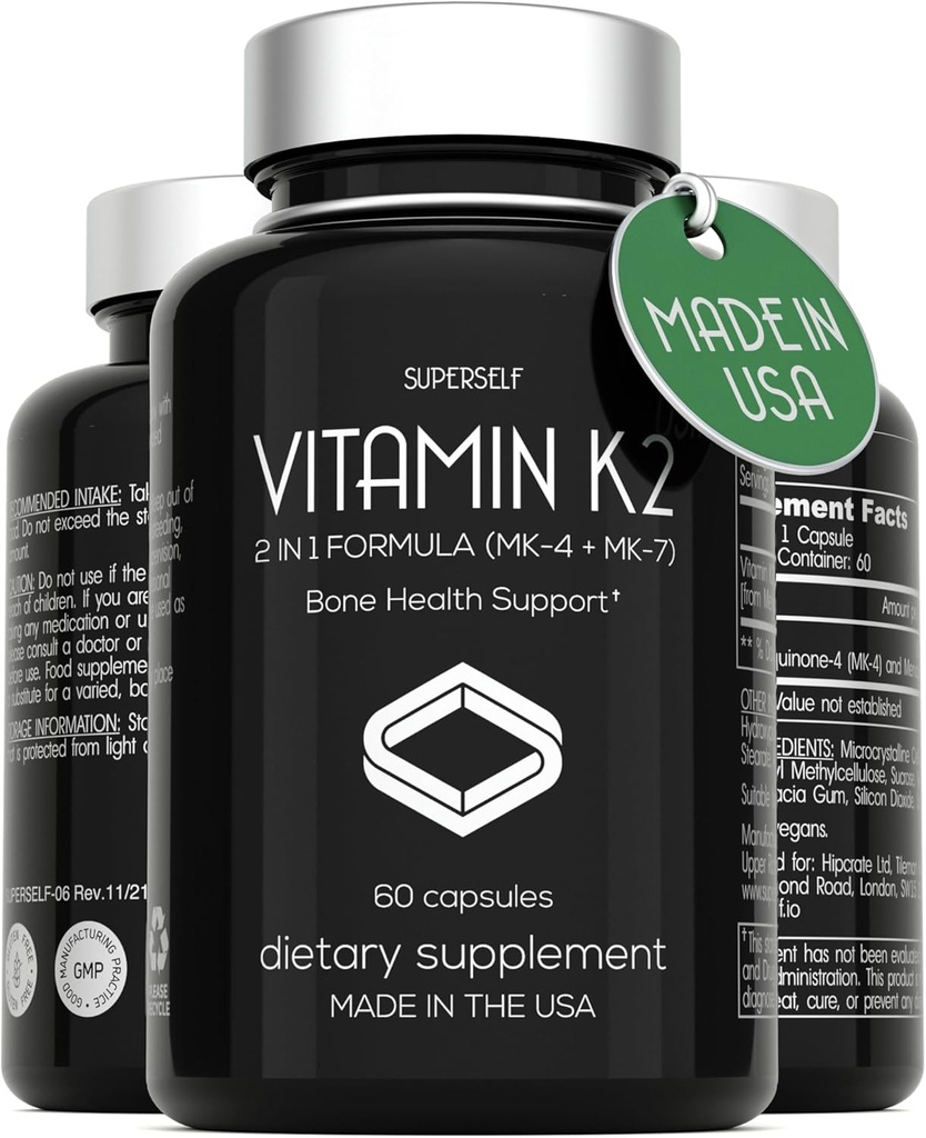 Vitamina K2 Capsules 100 mcg - Complejo de vitamina K MK-7 & MK-4-60 Capsules - VIT K2 2 en 1 Fórmula High Strength Suplemento MK7 MK4 - Hecho en Estados Unidos - Vegan " No GMO
