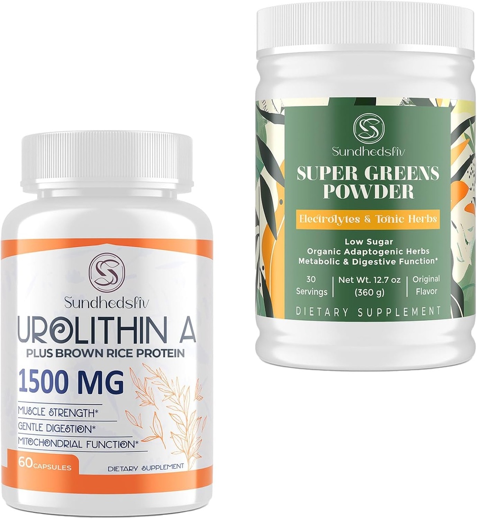 Urolithin A Supplement 1500MG Plus Brown Rice Protein + Super Greens Powder Superfood Supplement with Electrolytes & Tonic Herbs