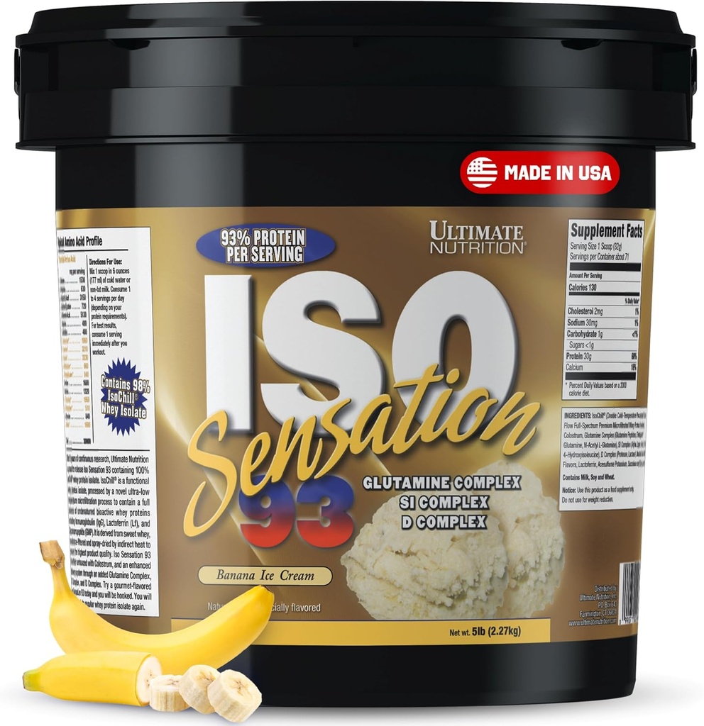 Ultimate Nutrition Whey Protein Isolate Powder with Glutamine Complex, ISO Sensation 93 - Whey Protein Powder with Añadido Colostrum for Enhanced Recovery, Immunity & Gut Health - Banana, 5lbs