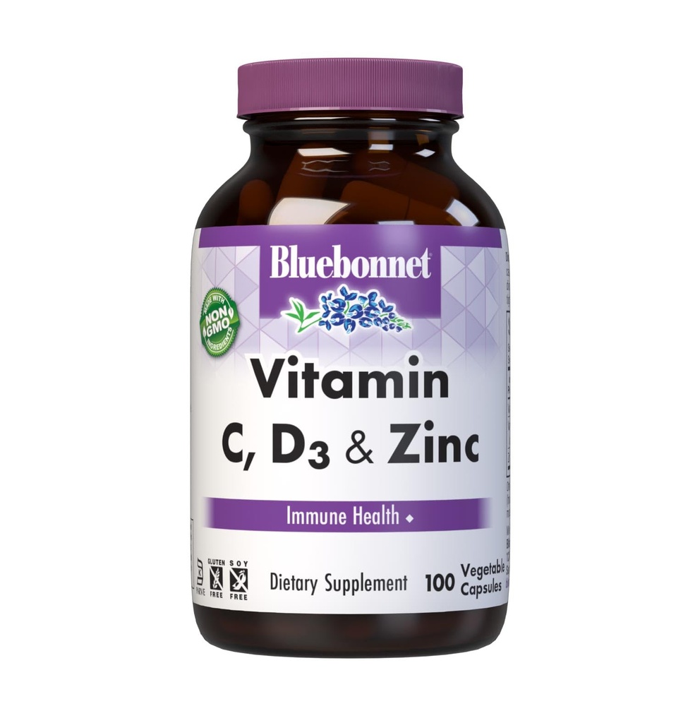 Bluebonnet Nutrition Vitamin C, D3 & Zinc, for Immune Health and Respiratory Function*, Soy-Free, Gluten-Free, Non-GMO, Kosher Certified, Dairy-Free, 100 Vegetable Capsules, 100 Servings