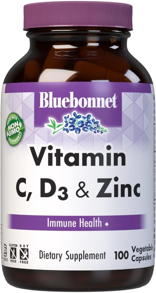 Bluebonnet Nutrition Vitamina C, D3 &amp; Zinc, para la función de salud y respiratoria inmunitaria*, libre de soja, libre de gluten, no GMO, certificado Kosher, libre de lácteos, 100 cápsulas vegetales, 100 piezas