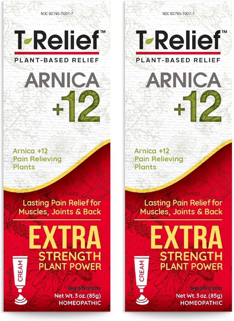 MediNatura T-Relief Extra Strength Cream Arnica +12 Activos Alimentados Naturales para el Dolor de Dolor Conjunto Soreness Muscle Aches &amp; Stiffness, Whole Body Fast Acting Relief for Women &amp; Men - 3 oz (2 Pack)