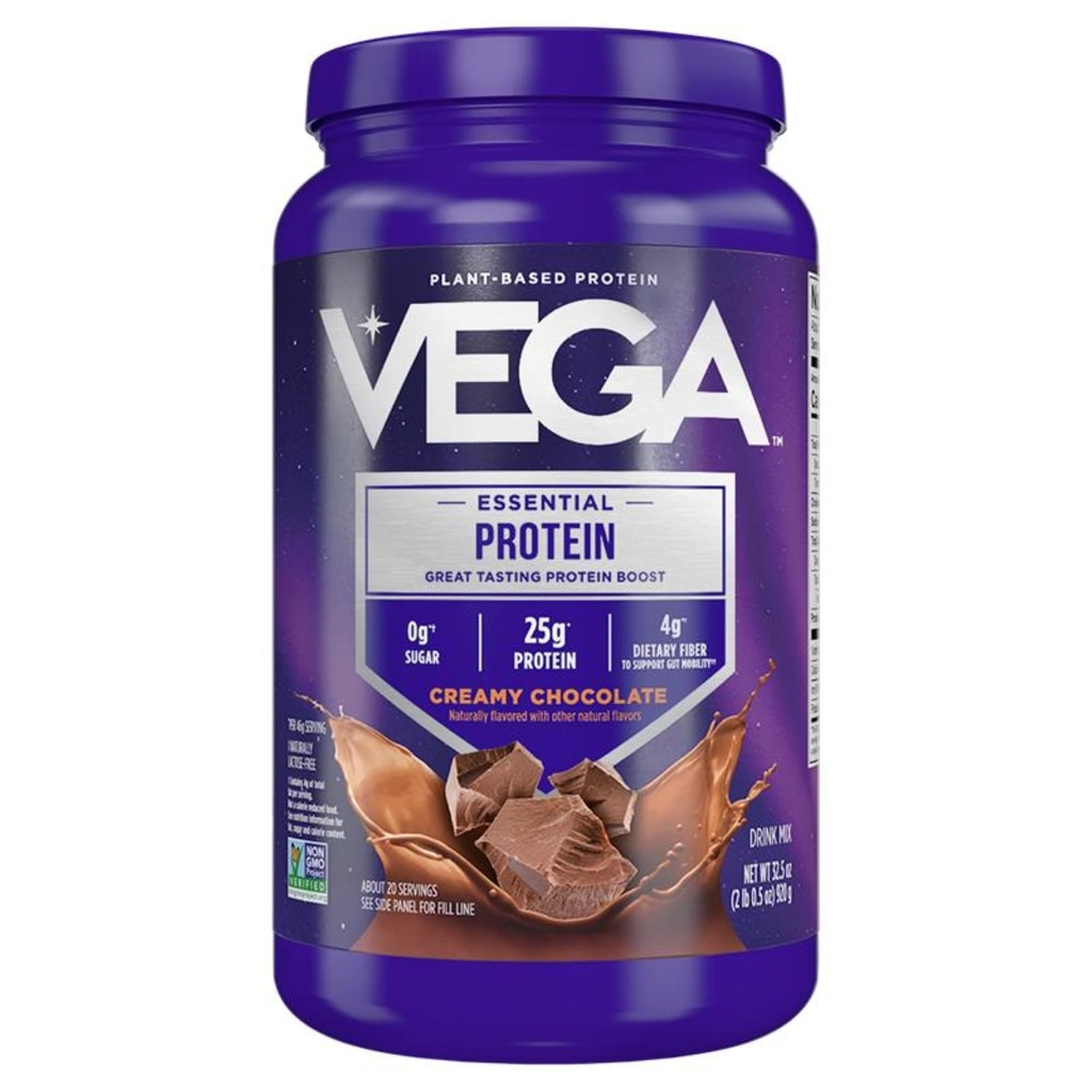 Vega Original Proteína Esencial - 25g Proteína de base vegetal, Chocolate Creamy, 20 Servings, Vegan Non-GMO Drink Mix, Smoothie & Shake List, Gluten Free, Dairy Free, 32.5oz (Packaging May Vary)