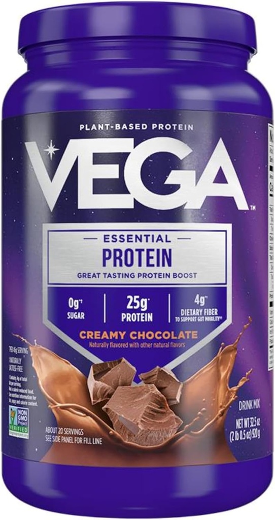 Vega Original Proteína Esencial - 25g Proteína de base vegetal, Chocolate Creamy, 20 Servings, Vegan Non-GMO Drink Mix, Smoothie & Shake List, Gluten Free, Dairy Free, 32.5oz (Packaging May Vary)