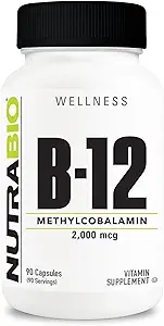 NutraBio Metil B-12 Suplemento de vitaminas, 2000mcg – promueve la salud celular y el bienestar, 90 cápsulas vegetales