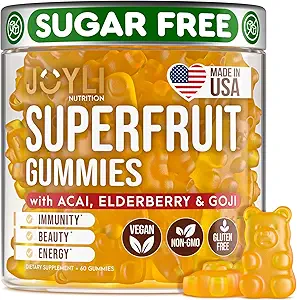 Joyli Superfruit Gummies - Frutas sin azúcar Multivitamínicas para adultos - Vitaminas Naturales Gummy para Hombres con Goji, Elderberry, Vitaminas A, C, D &amp; E - Soporta inmunidad, digestión &amp; energía