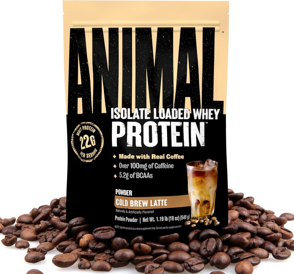 Powder de café de proteína animal, cargado con 22g de proteína, 100 mg de cafeína, y BCAAs for Pre &amp; Post Workout Muscle Builder Recovery with Digestive Enzymes for Men &amp; Women, Cold Brew Latte, 1 lb